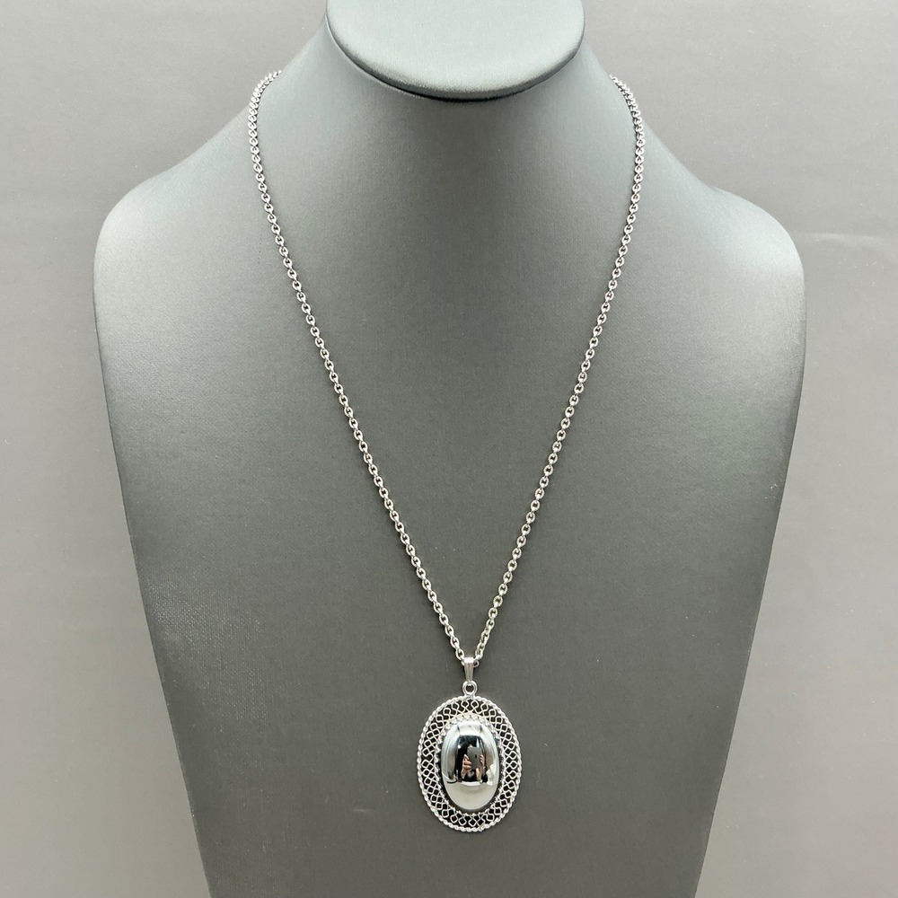 Whiting & Davis Necklace Vintage Hematite Oval Filigree Silver Tone Pendant 22"